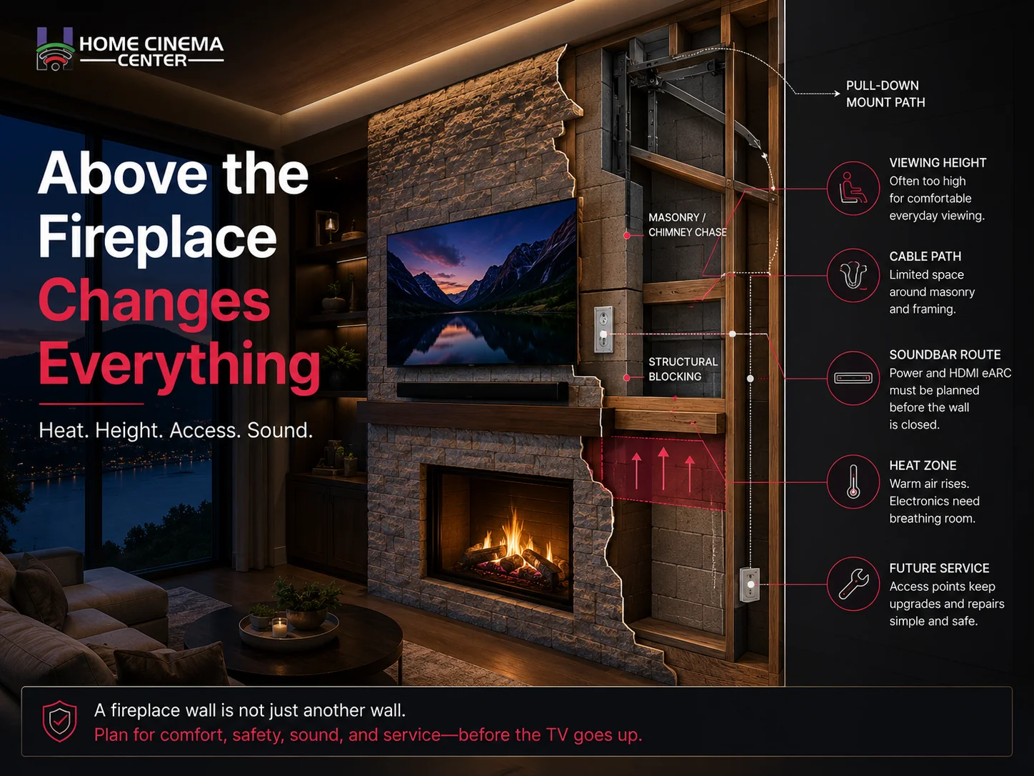 Fireplace TV wall cutaway showing viewing height, heat zone, masonry, cable route, soundbar wiring, and service access.