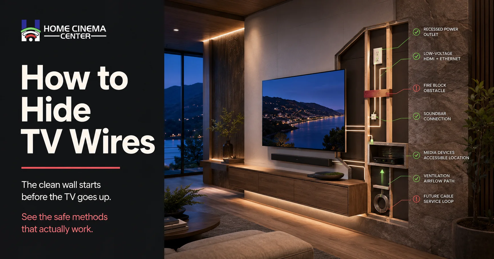 Luxury wall-mounted TV installation showing concealed power, HDMI, Ethernet, soundbar wiring, and wall obstacles.