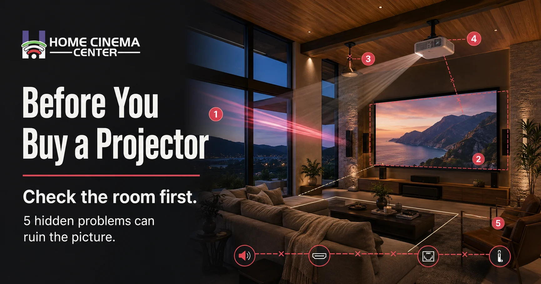 Marin living room showing five room problems that can affect a projector home theater setup.