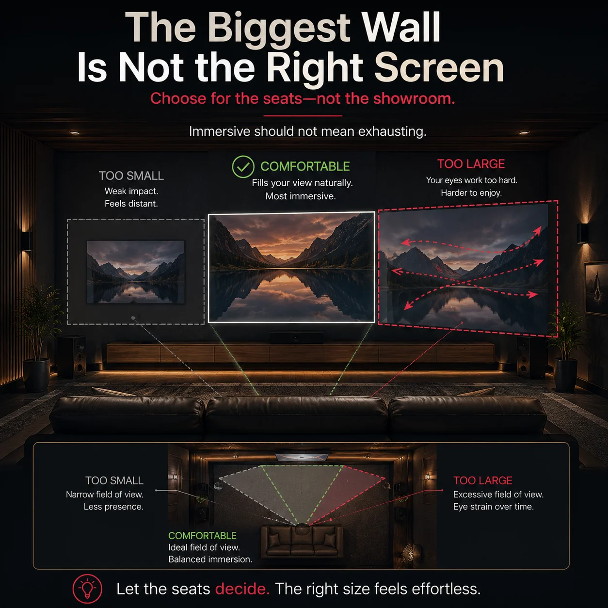 Projector screen-size comparison showing too-small, comfortable, and oversized images from the main seating position.