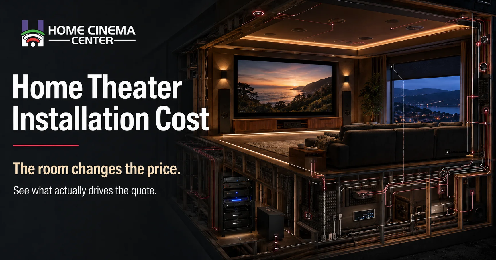 Luxury home theater cutaway showing hidden wiring, lighting, acoustics, and calibration cost drivers.