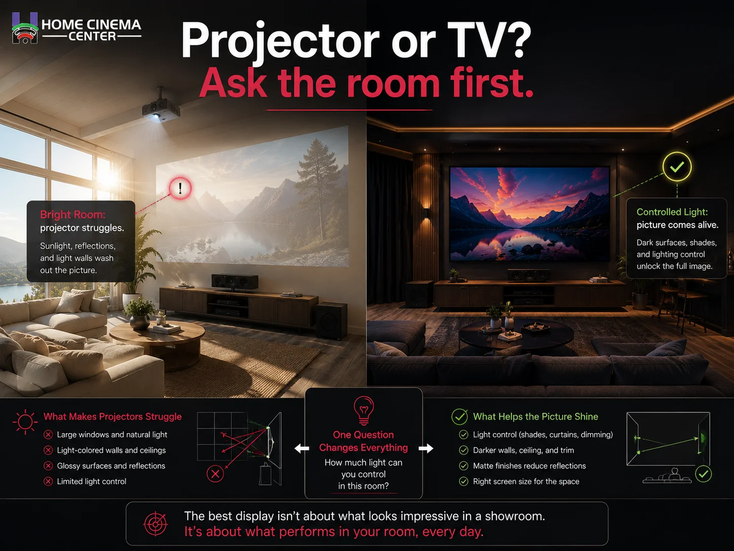 Projector versus TV comparison showing how room brightness and light control affect home theater display choice.