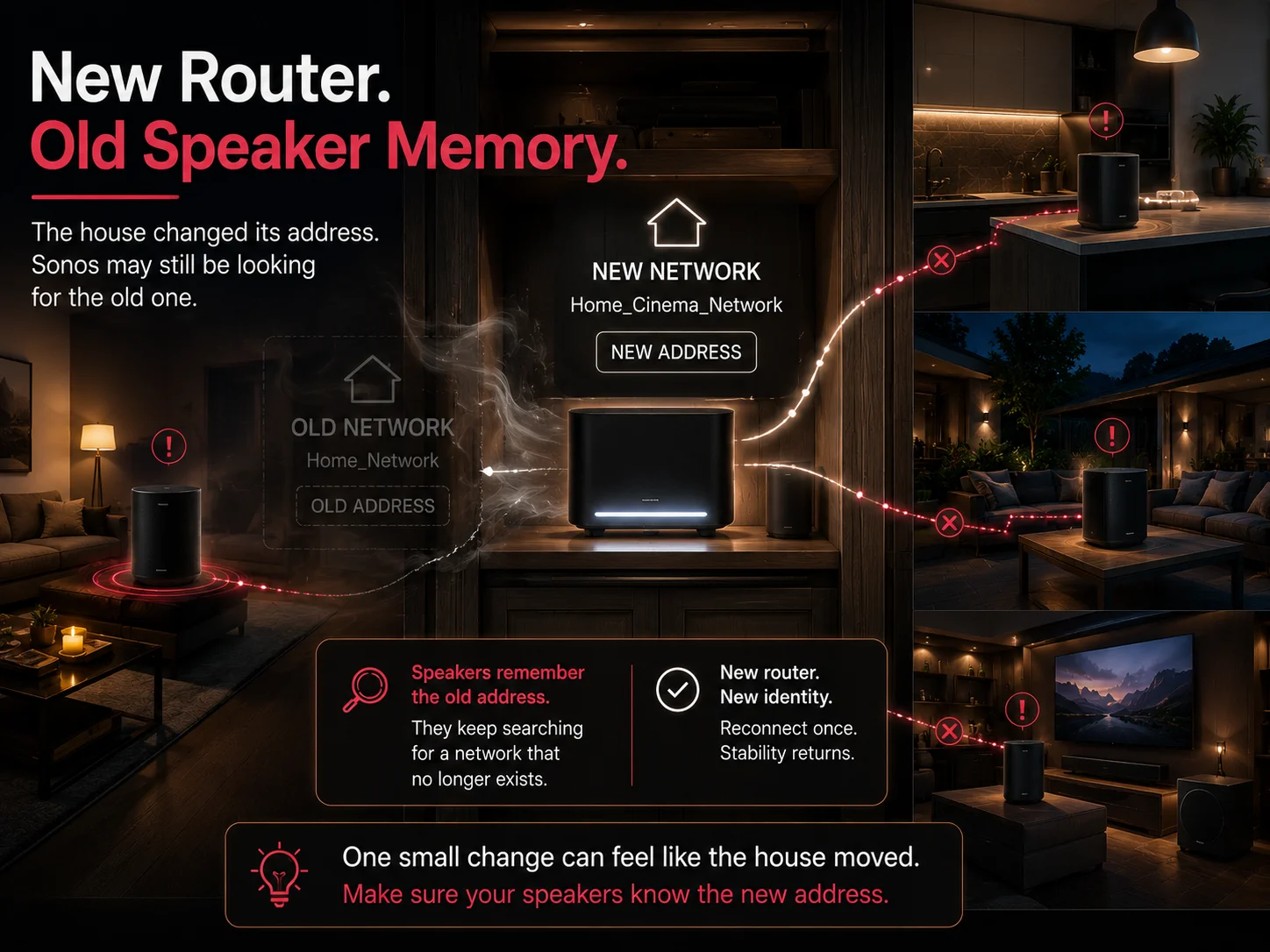 Router change visual showing Sonos-style speakers losing connection after a home network update.