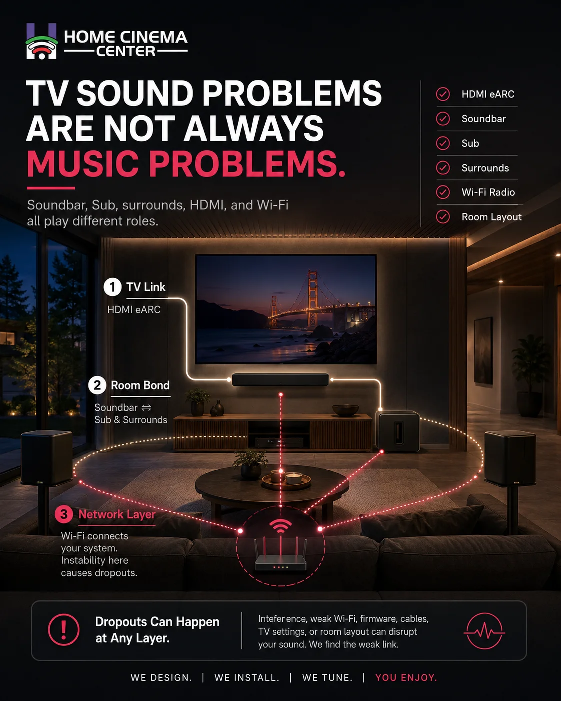 Home theater audio dropout diagram showing TV, soundbar, Sub, surrounds, HDMI eARC, and network layers.