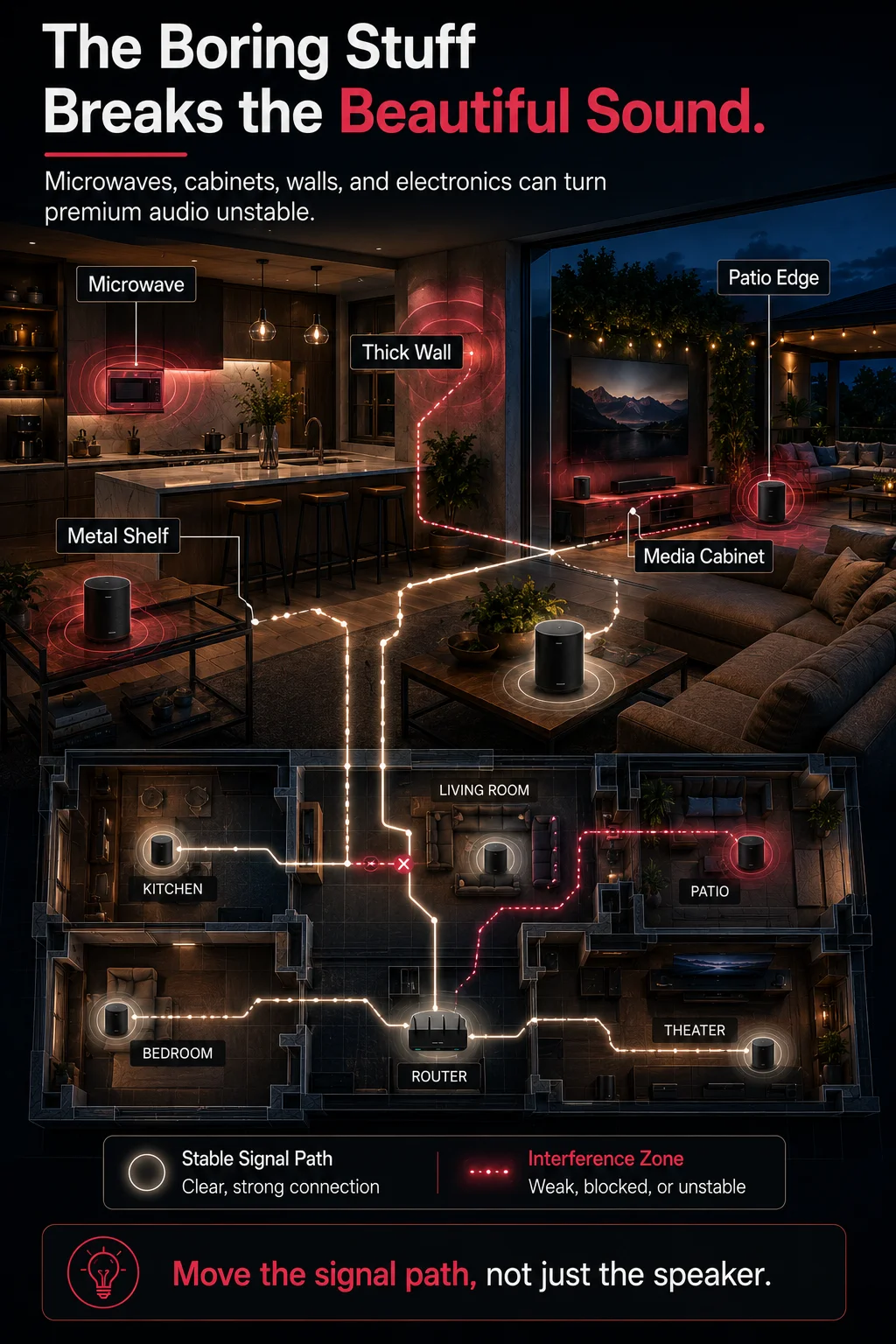 Wi-Fi interference heat map showing home electronics and walls causing Sonos audio dropouts.