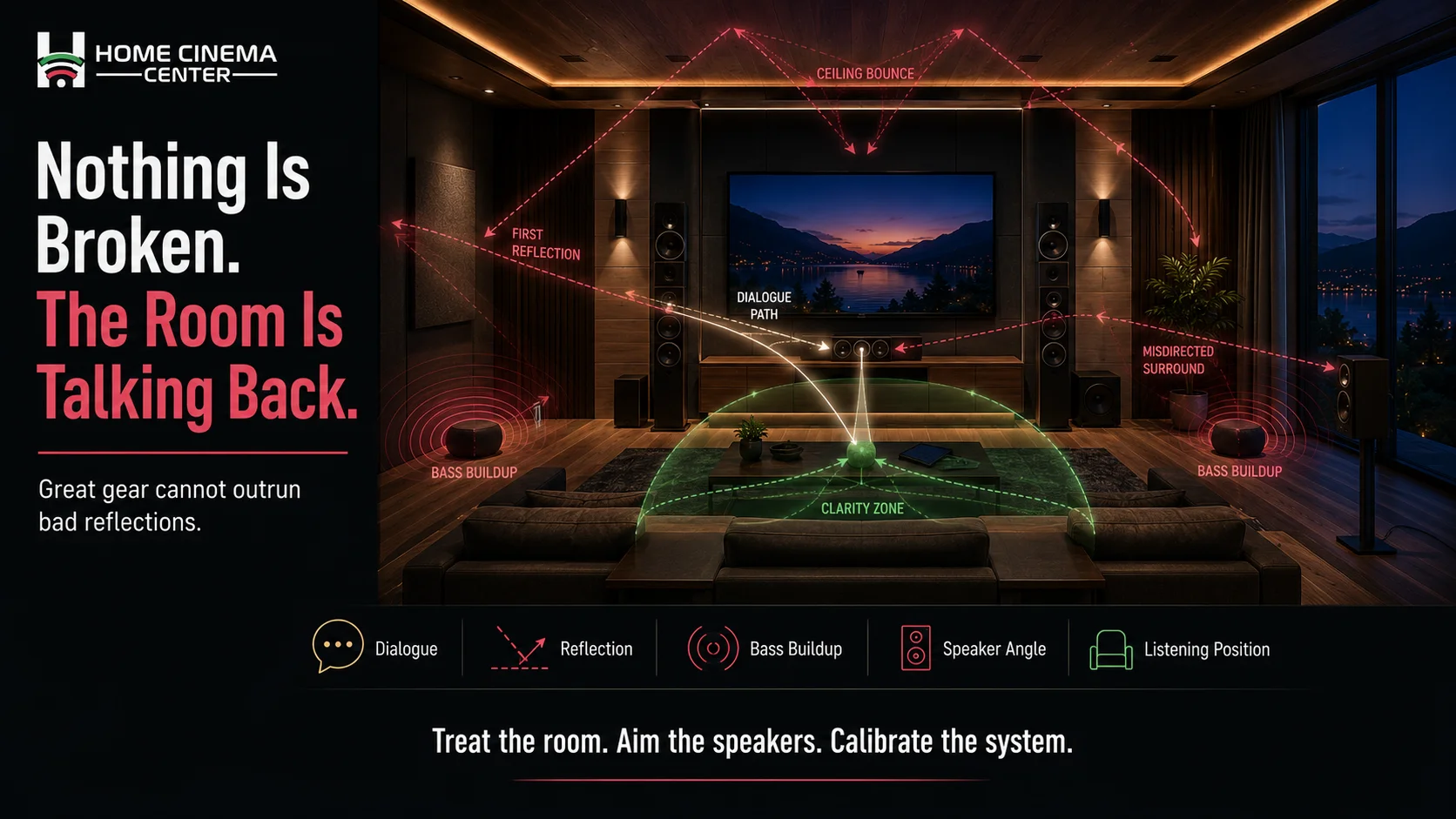 Home theater acoustic map showing dialogue reflections, bass buildup, incorrect surround angles, and a properly planned listening position. 