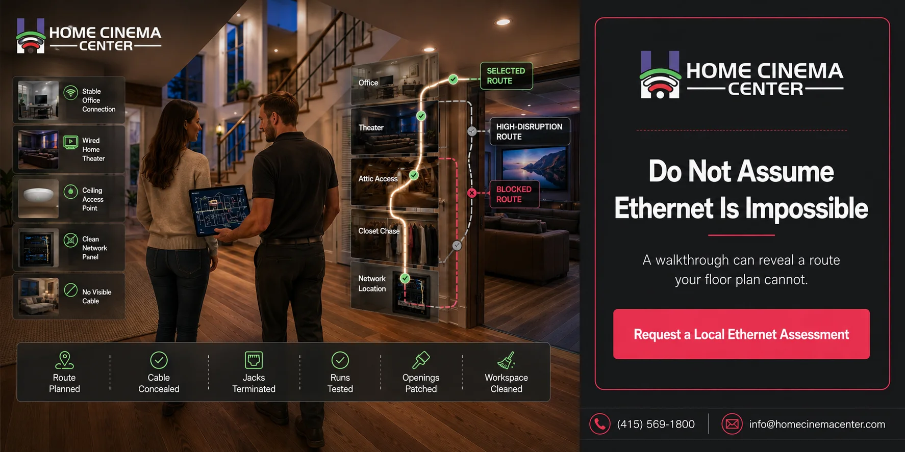 San Rafael Ethernet retrofit showing an attic and closet-chase route connecting a home office and media room with only two small openings. 