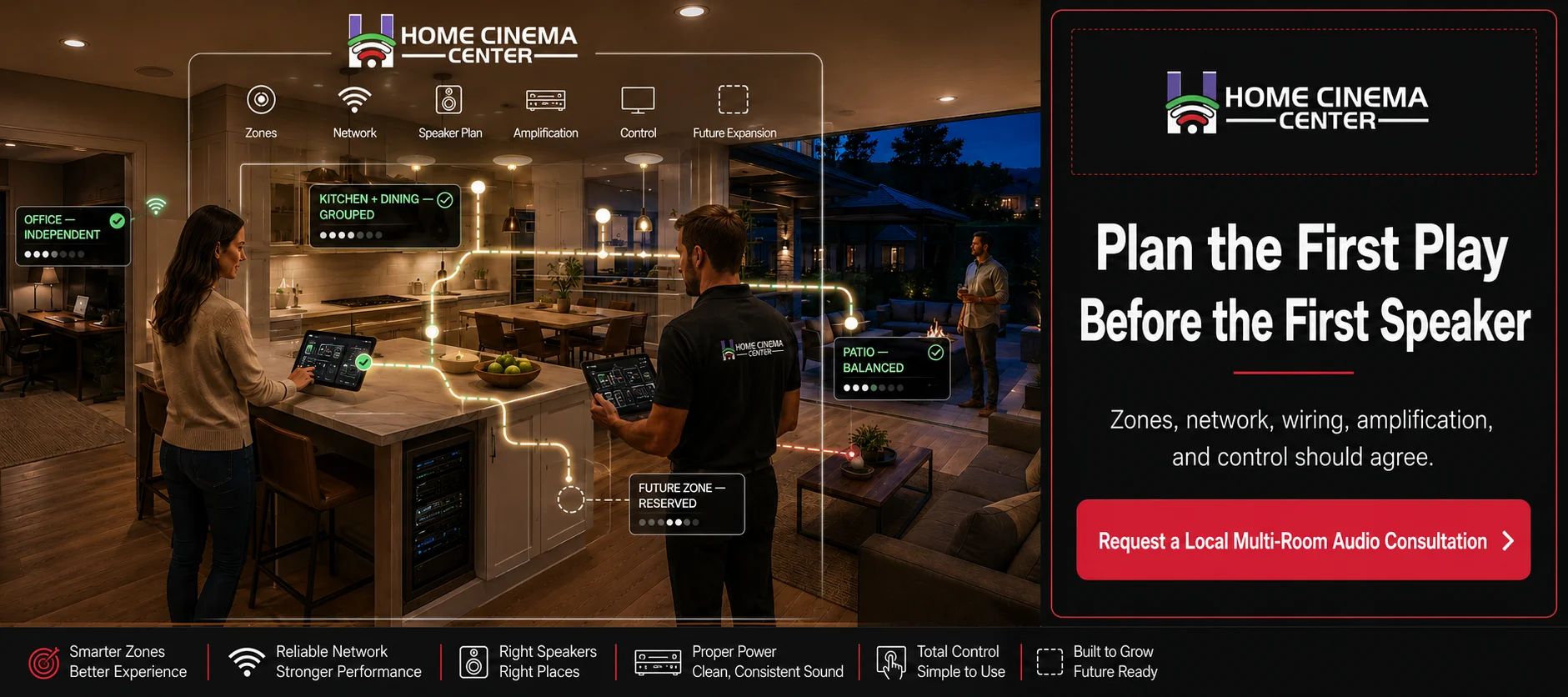 Home Cinema Center consultant and homeowners planning audio zones, networking, speakers, amplification, control, and future expansion. 