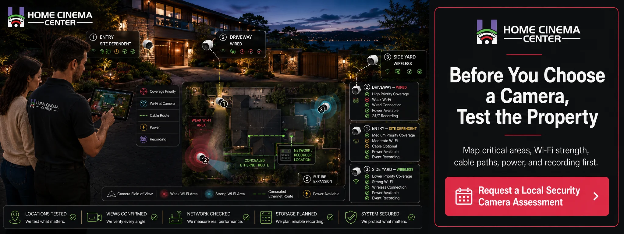 Home Cinema Center consultant assessing critical camera locations, Wi-Fi strength, Ethernet routes, power, and recording options with a Marin homeowner.