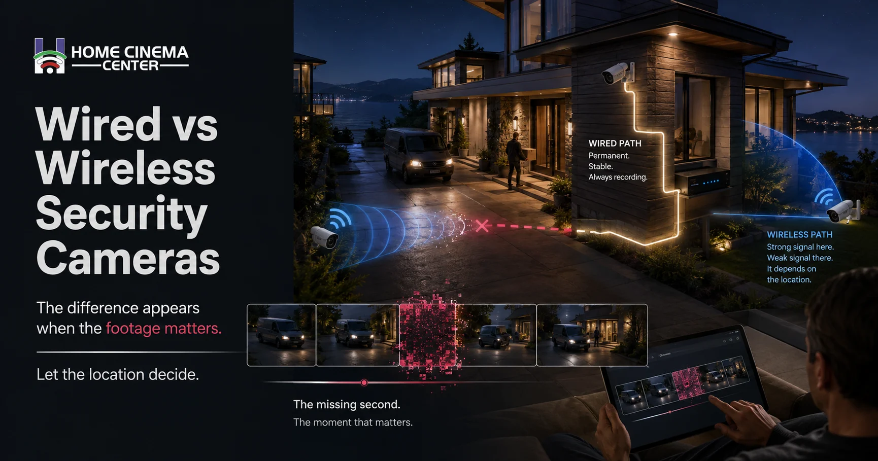 Homeowner reviewing driveway camera footage with a wireless signal gap compared with a continuous wired camera connection.