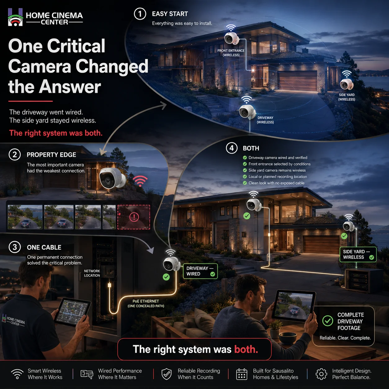 Sausalito home using a wired driveway camera and wireless side-yard camera after weak Wi-Fi caused footage gaps.