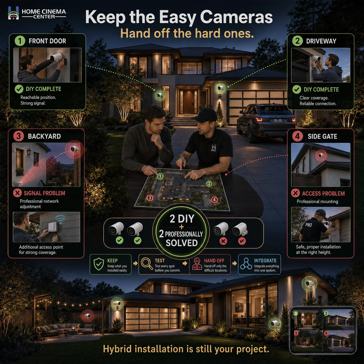 Camera installation diagram separating DIY mounting, professional low-voltage cabling and PoE, and new electrical outlet or circuit work. 