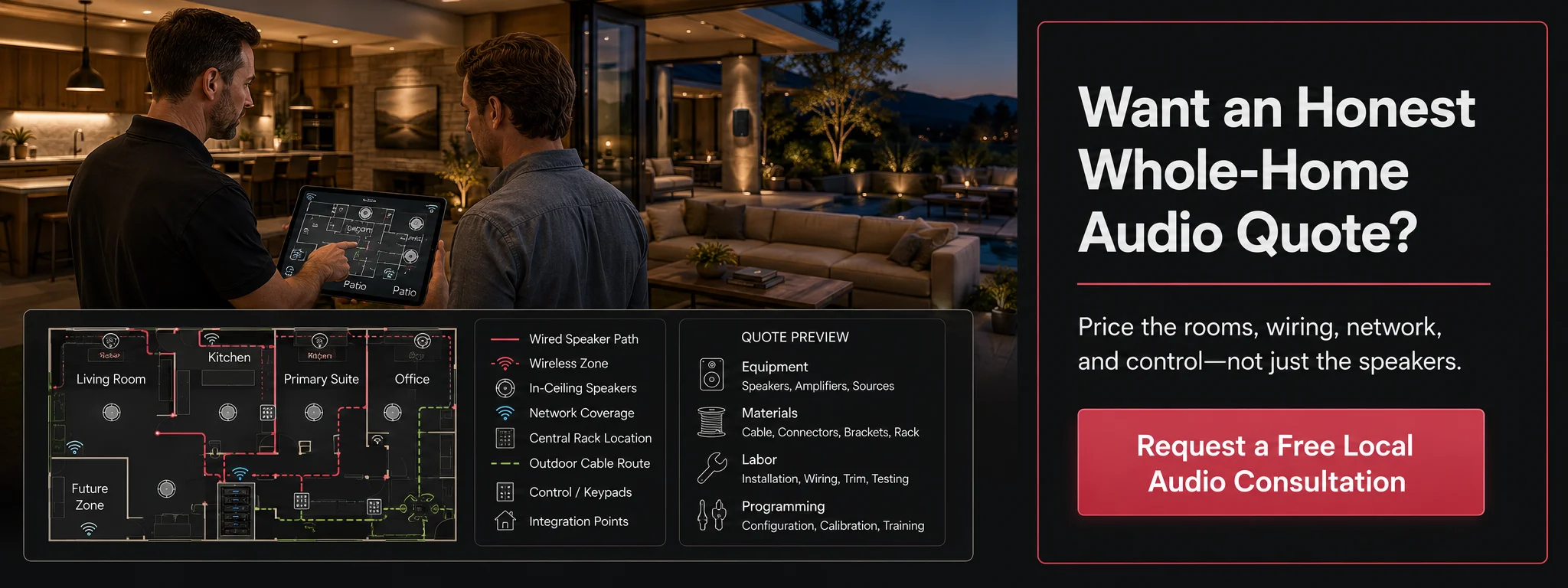 Home Cinema Center consultant assessing audio zones, wiring, networking, equipment, and control with a Marin County homeowner.