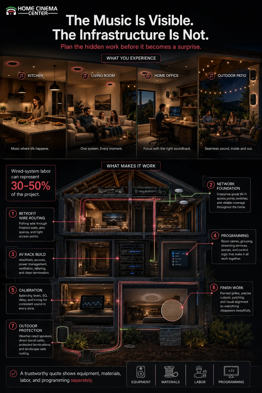 Whole-home audio cutaway showing network upgrades, wire routing, AV rack, programming, calibration, finish work, and outdoor cabling.