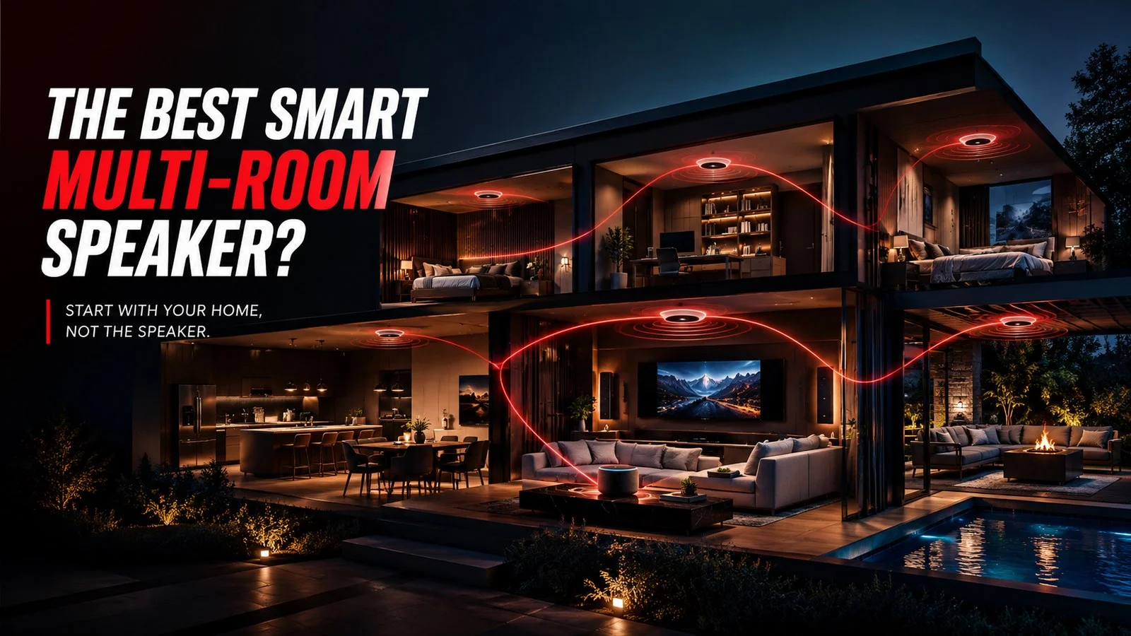 Smart multi-room speaker system connecting audio across multiple rooms in a modern home