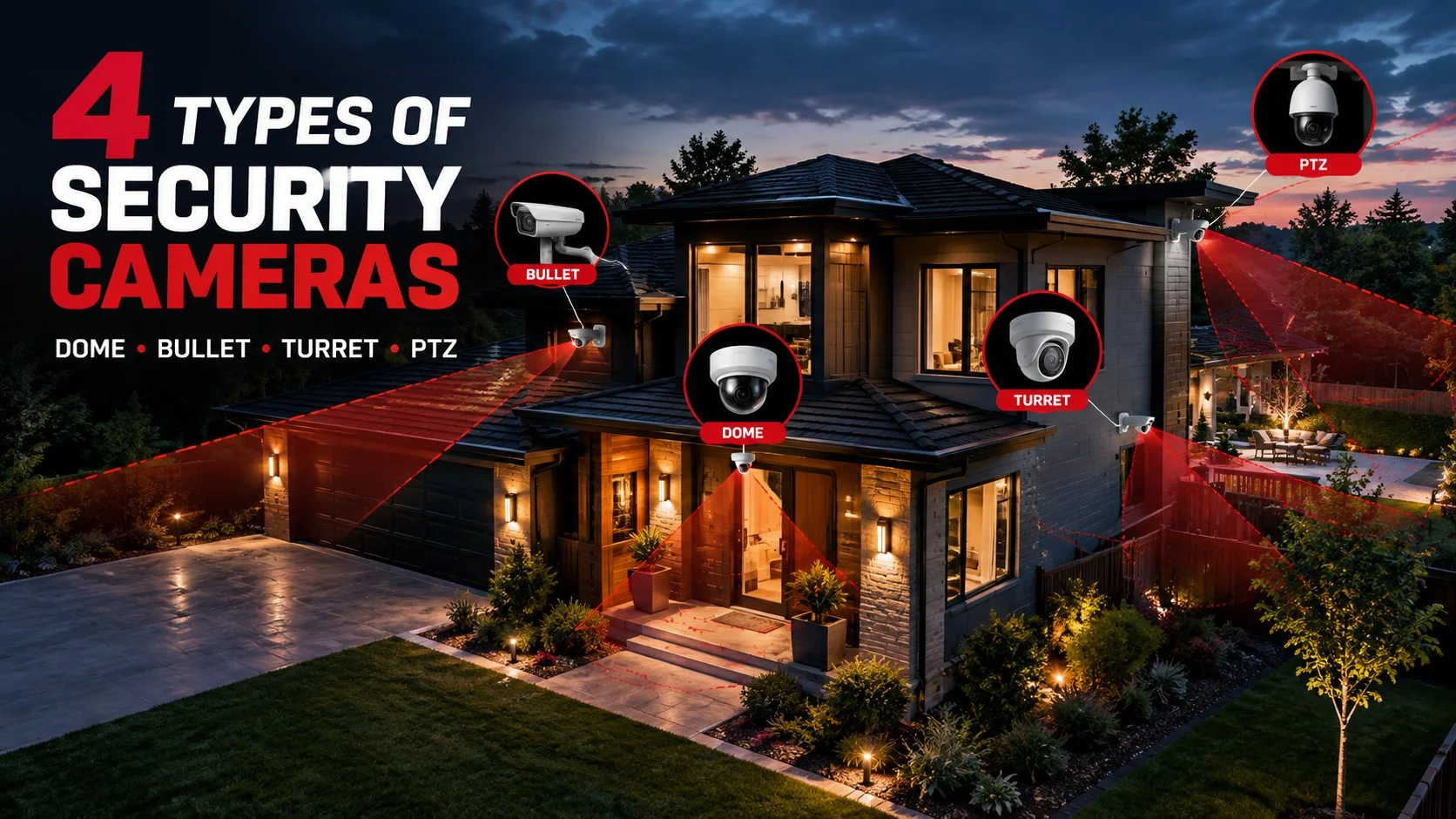 Four types of security cameras for home surveillance including dome, bullet, turret, and PTZ