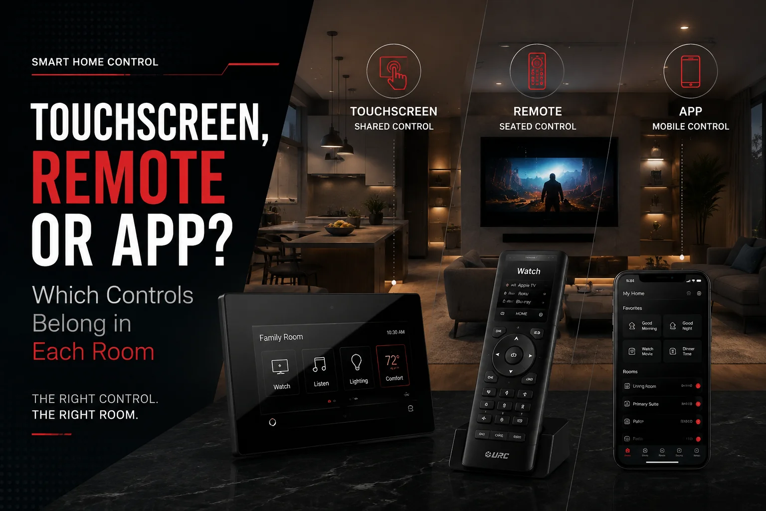 Smart home control touchscreen, remote and mobile app in a modern home