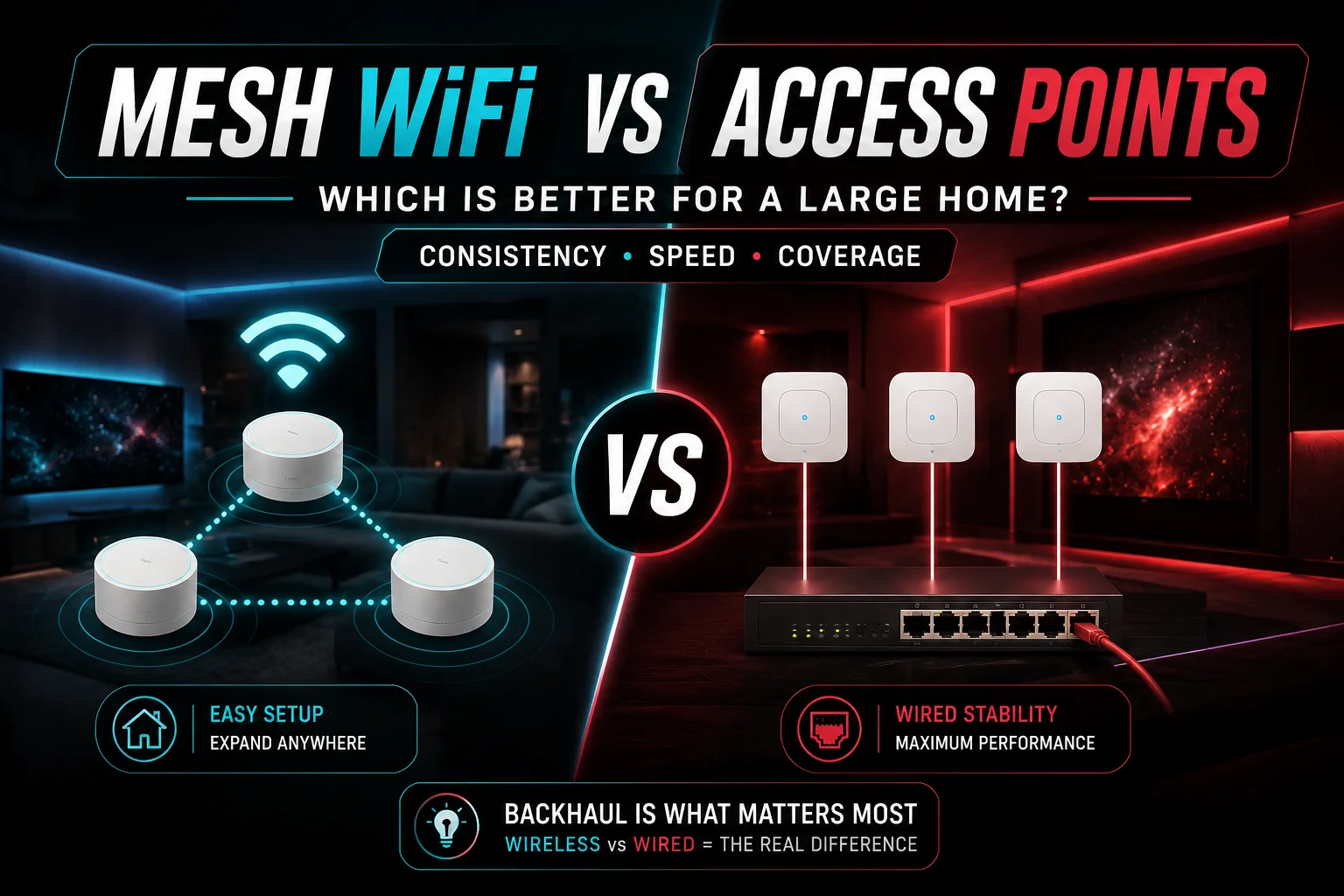 Mesh WiFi vs access points for large homes, comparing wireless mesh and wired network coverage