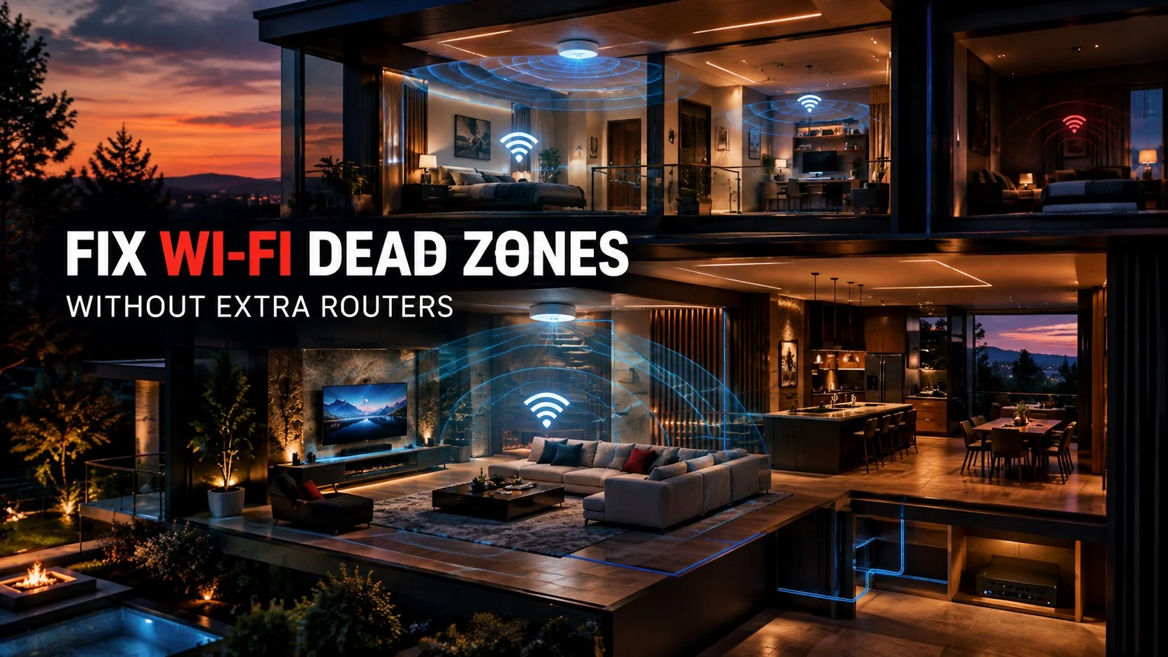 Modern multi-story home showing Wi-Fi coverage areas and a weak-signal zone.