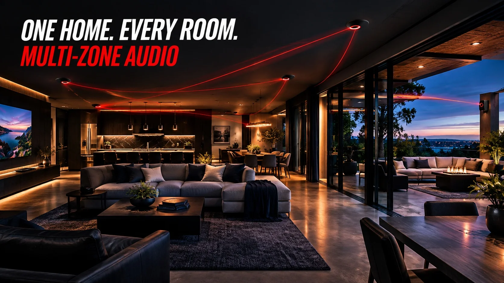 Luxury modern home featuring multi-zone audio across the living room, kitchen, and outdoor patio.